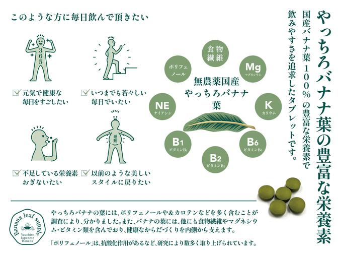 バナナの葉の栄養素と秘められた価値を”ぎゅっと”凝縮!新しい健康食品タブレットサプリメント